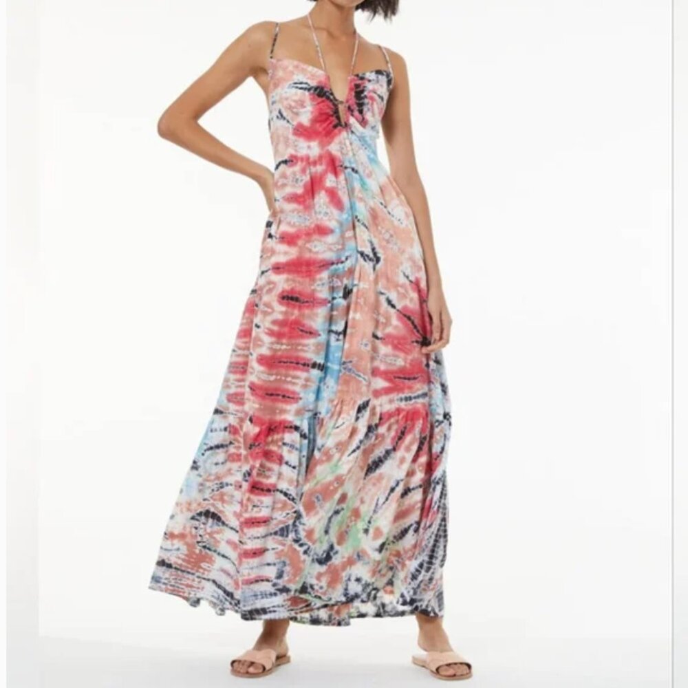YOUNG FABULOUS & BROKE Strawberry Tropics Tie Dye Haisley Tiered Maxi Dress